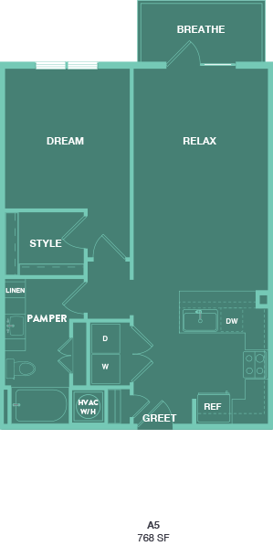 Floor plan for 1 bed, 1 bath, 768 sqft